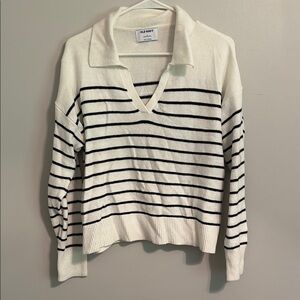 Old Navy Collared V-Neck Navy Cream Striped Sweater